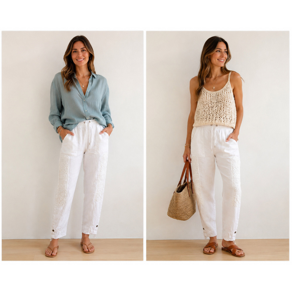 XCVI White Linen Pants Crochet Lace soft knit Elastic Waist tapered rolled hem L